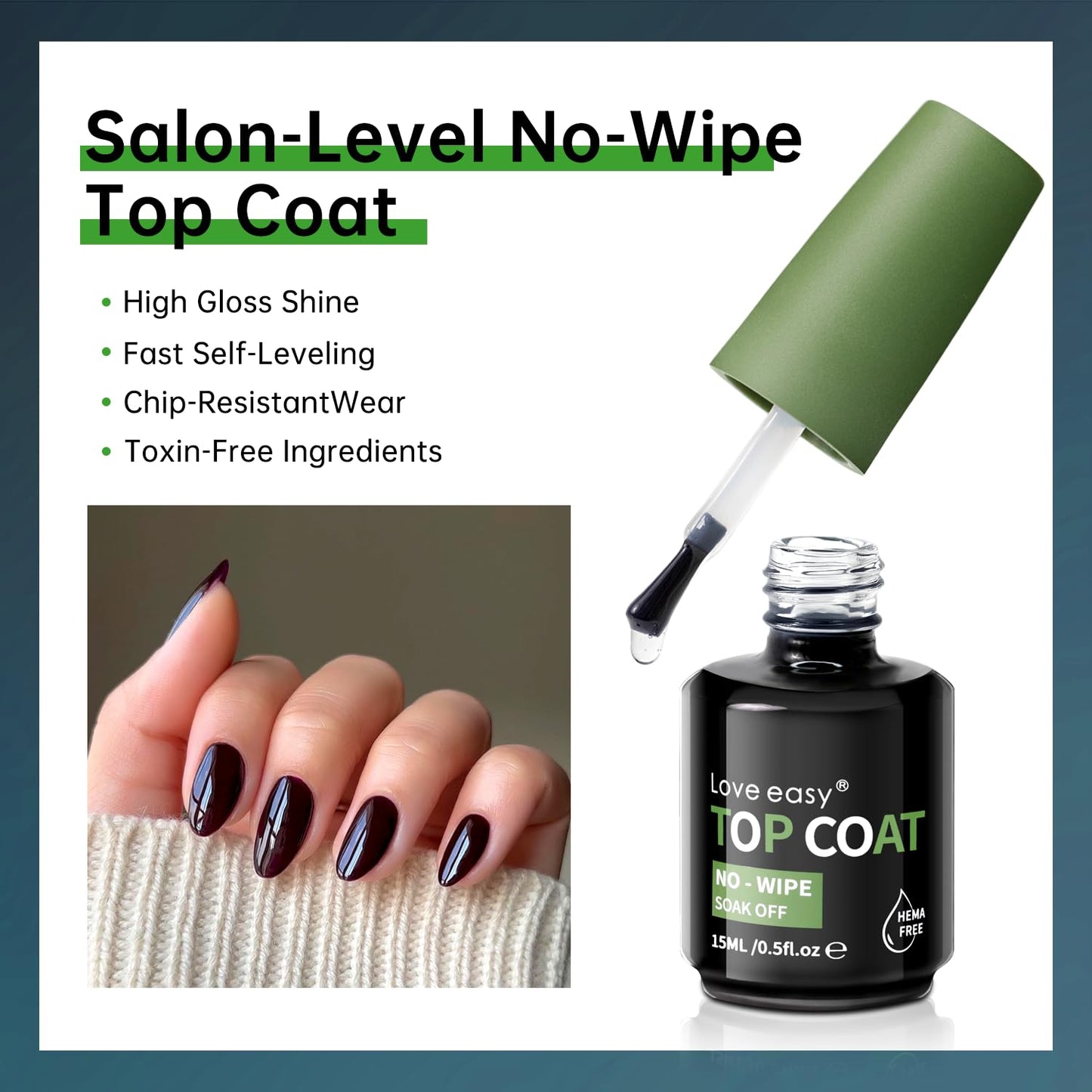 Hema Free Top Coat Gel - Mirror Shine & Scratch-Resistant | 30+ Day Gloss Lock with Stain Defense | LED/UV Lamp Safe, 15ml Gift Ready Gift for Women