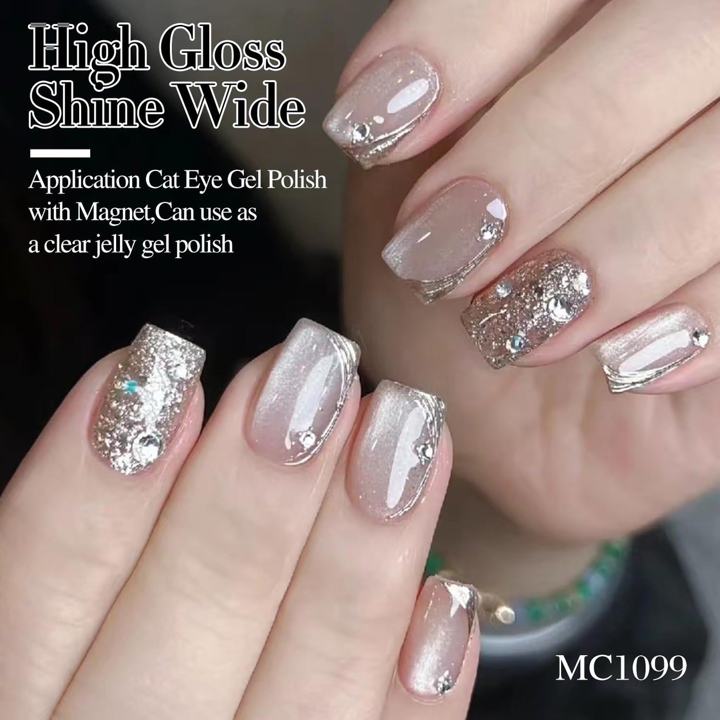 Double Rhythm 0.5 OZ Cat Eye Gel Polish with Magnet 15ML Holographic Glitter Shimmer Translucent Jelly Color Magnetic Nail Polish Salon DIY at Home (Clear Silver-B-MC1099)