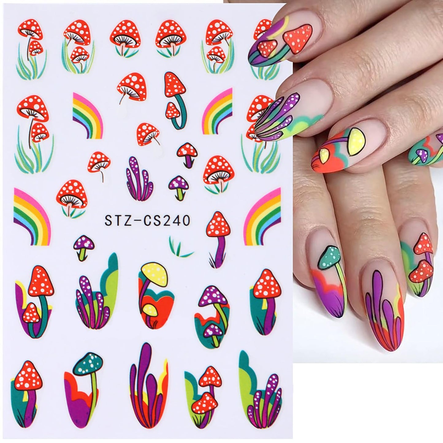 8 Sheets Nail Art Stickers Graffiti Flower Evil Eye 3D Self-Adhesive Nail Decals Rainbow Mushroom Star Moon Designs Nail Decorations Summer Nail Stickers Colorful Nail Supplies for Women DIY Manicure