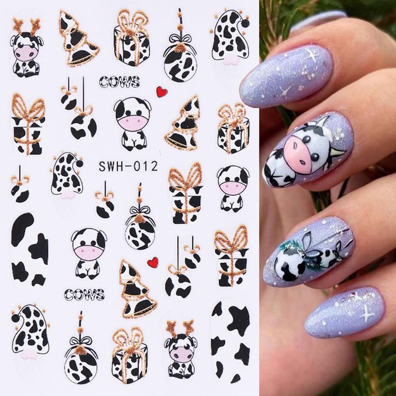 8 Sheets Christmas Nail Art Stickers - 3D Clock Glitter Firework Balloon Design, Candy Cane Cute Cartoon Cow Light Decals for Winter Xmas and New Year's - Supplies for Women Girls