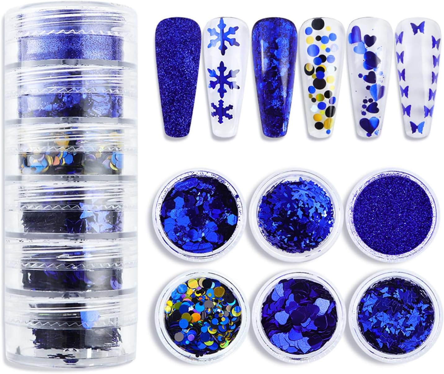 Snowflake Nail Art Glitter Blue Winter Nail Sequins Flakes, Blue Manicure fine Glitter Powder, 3D Holographic Heart Round Hexagon Butterfly Nail Stickers Decals Supplies Nail Charms for Women 6 Box