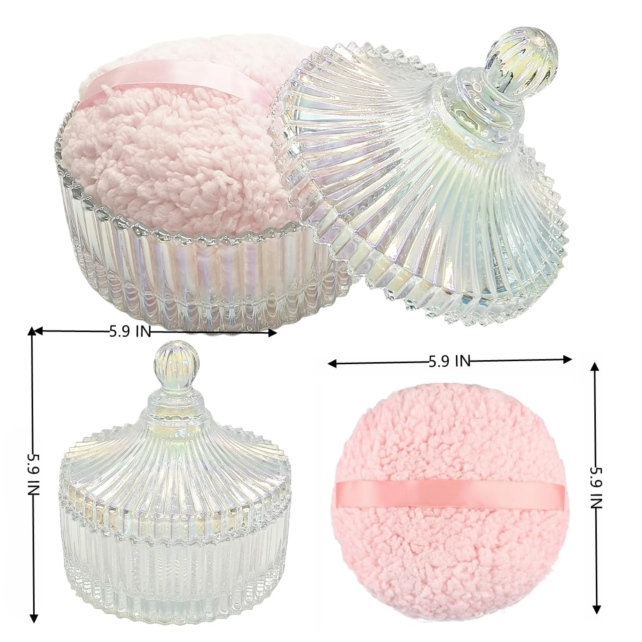 Extra Large Body Powder Puff and Container - Vintage Glass Dusting Powder Container with Soft Puff for Women & Girls (5.9x5.9x5.9 IN)-GRB010-Colorful-B