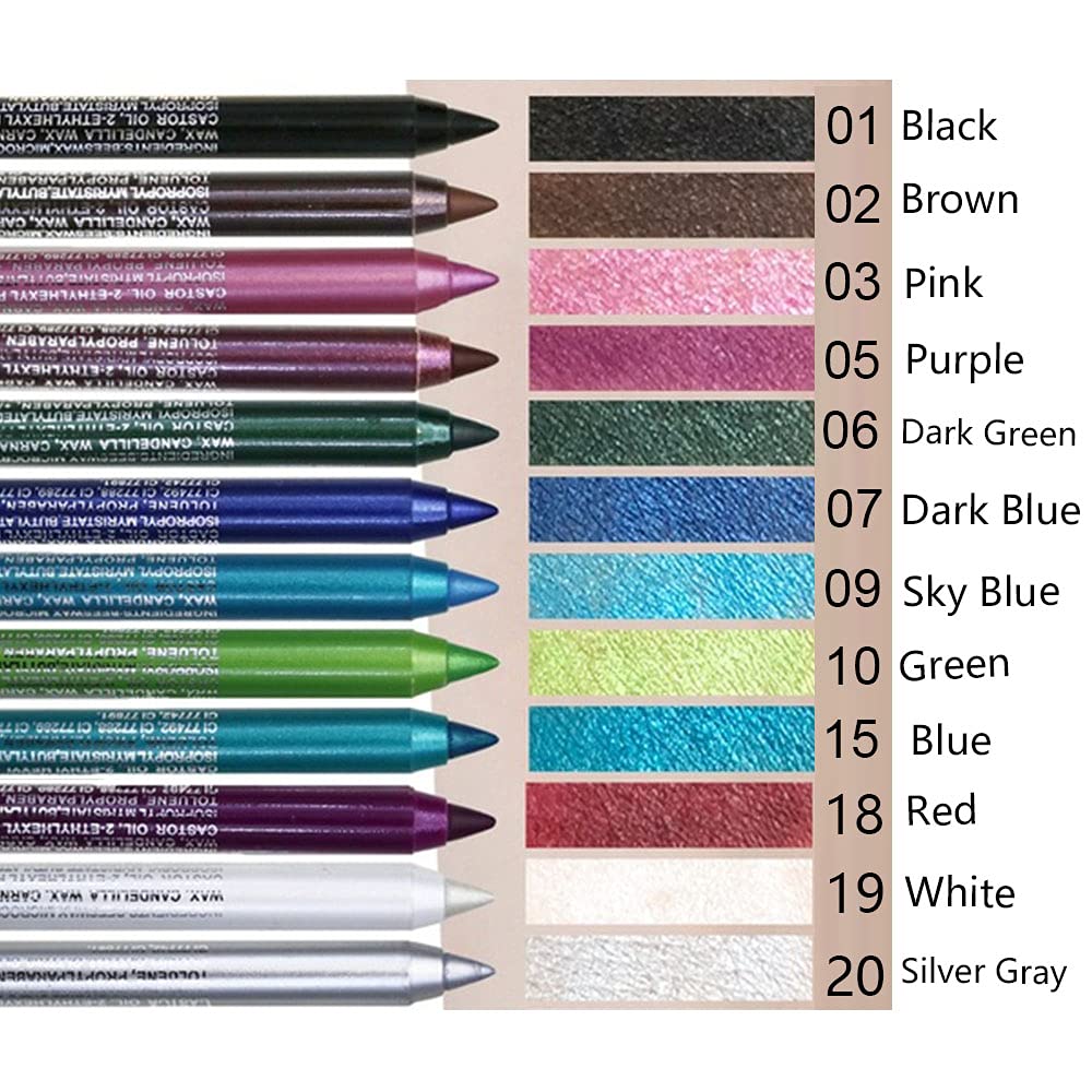 evpct 12Pcs Green Blue White Black Brown Purple Color Gel Glitter Eyeliner Pencils Set for Women Waterline Waterproof Smudge Proof lapiz de ojos delineador de ojos contra el agua Eye Liner Makeup 1-5