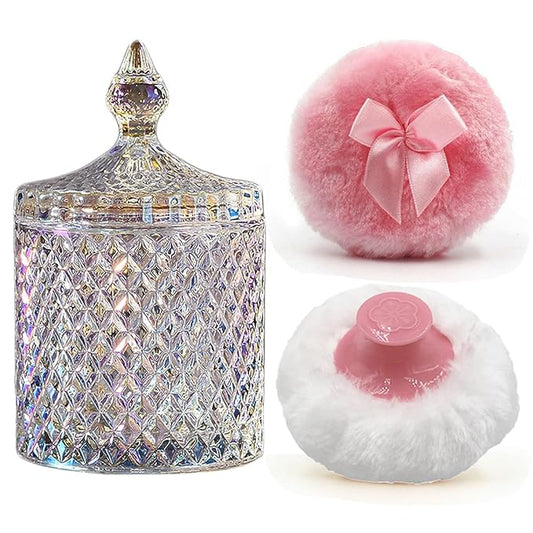 Luxury 4.2 Inch Glass Powder Container with 2 Plush Puffs｜Non-Sealed Organizer for Body Powder&Makeup｜Setting Powder Applicator w/Loose Powder Storage(Pointed Cylinder-Dazzling Colors-Large)