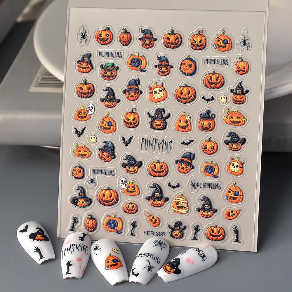Halloween Nail Art Stickers 5D Embossed Pumpkin Bat Nail Stickers, Self-Adhesive Durable Nail Art Decals for Women Girls, Nail Wraps Decoration Manicure for DIY Acrylic Nail Accessories