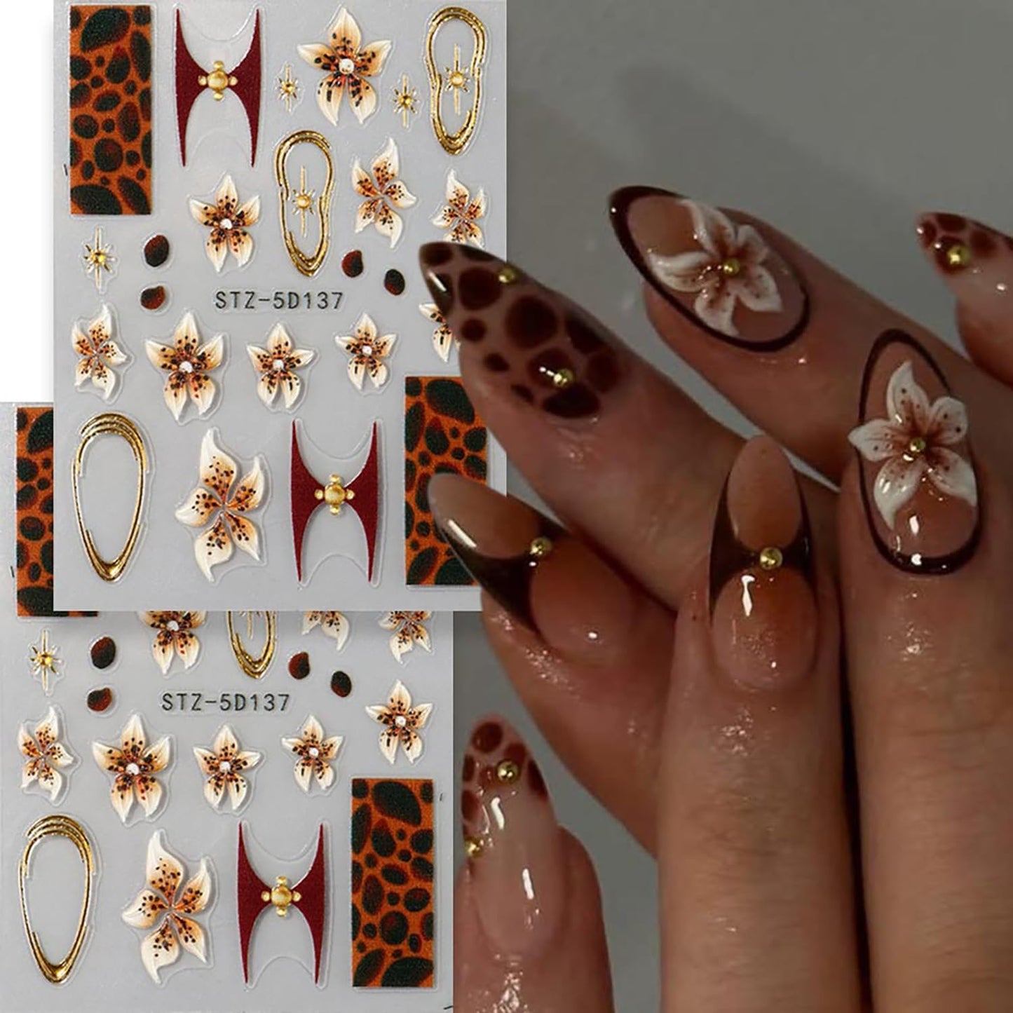 Fall Nail Stickers Leopard Flower Nail Decals Autumn Nail Art Supplies 5D Embossed Self Adhesive Leopard Print Floral Nail Design Supplies Brown Fall Stickers for Women DIY French Manicure Accessories