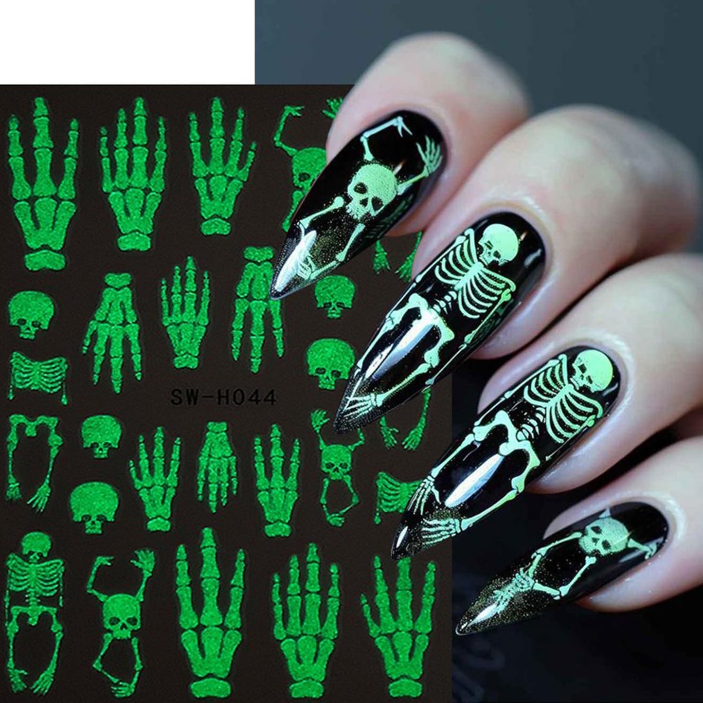 6 Sheets Halloween Nail Art Stickers 3D Self -Adhesive Luminous Skeleton Head and Hand Nail Decals Holographic Spider Web Snake Nail Stickers Halloween Nail Decoration for Women Manicure Supplies