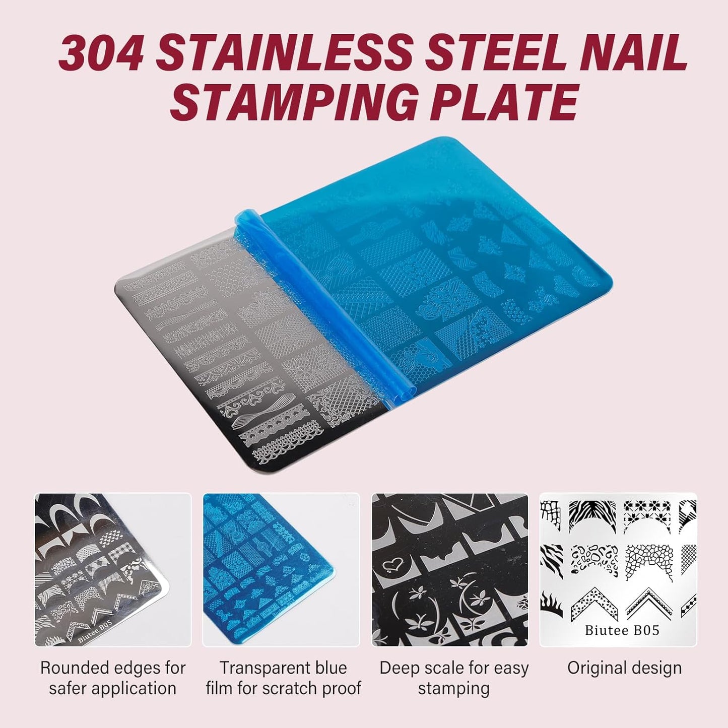 Biutee Nail Art Stamping Plate Set French Tip Nail Stamp Plate 2PCS French Line Lace Nail Stamping Kit with Silicone Nail Stamper Scraper Nail Stamp Template Kit Holiday Design for Manicuring DIY