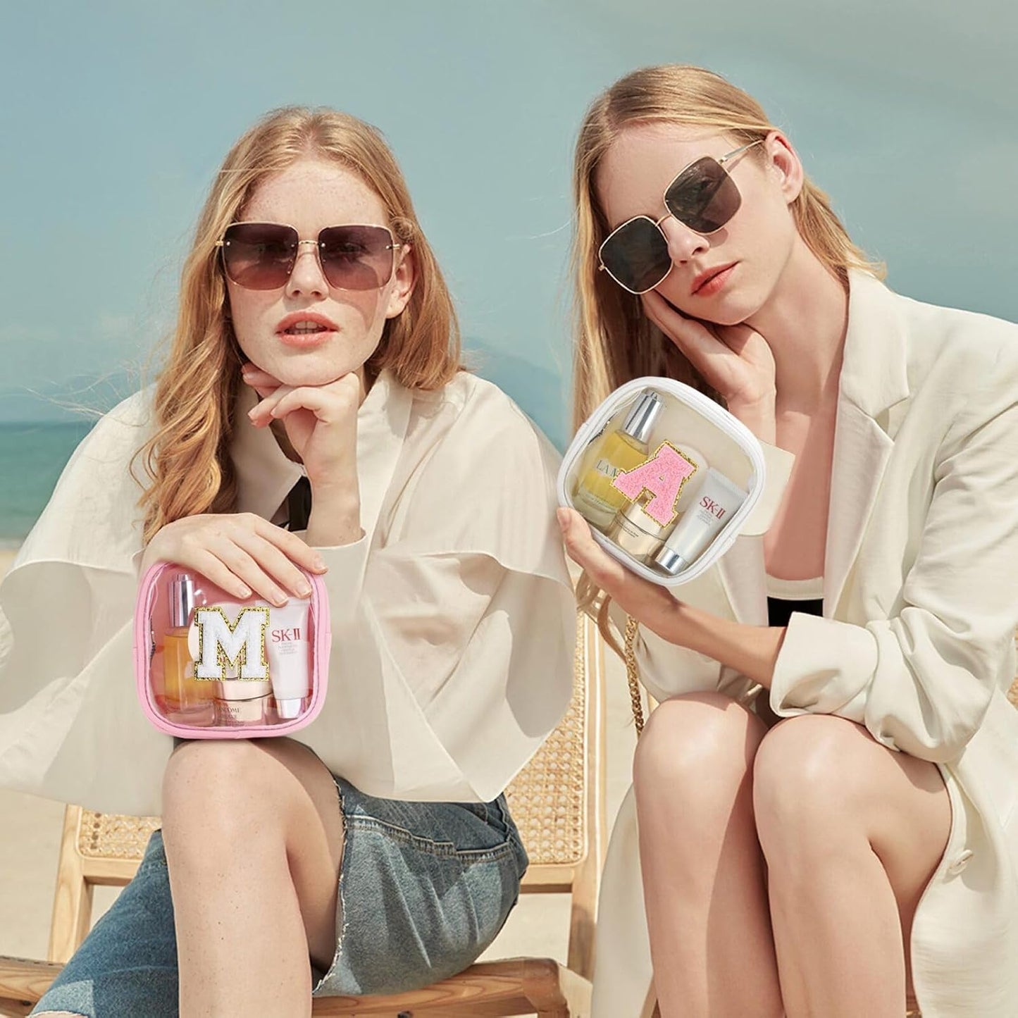 YOOLIFE Initial Make Up Bag Travel Toiletry Bag, Clear Makeup Bag Preppy Cosmetic Bags Organizer Travel Essentials Gifts for Women Teen Girlfriend Teacher Mom Birthday Mothers Day Gifts White Q