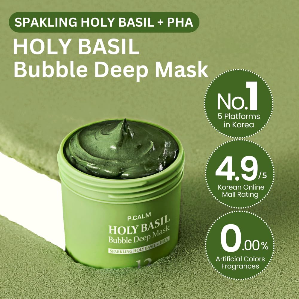 P.CALM Holy Basil Bubble Deep Mask – Holy Basil & Carbonated Water for Cleansing Pores & Blackheads, Korean Clay to Bubble Wash-Off Pack (90g / 3.17 oz)