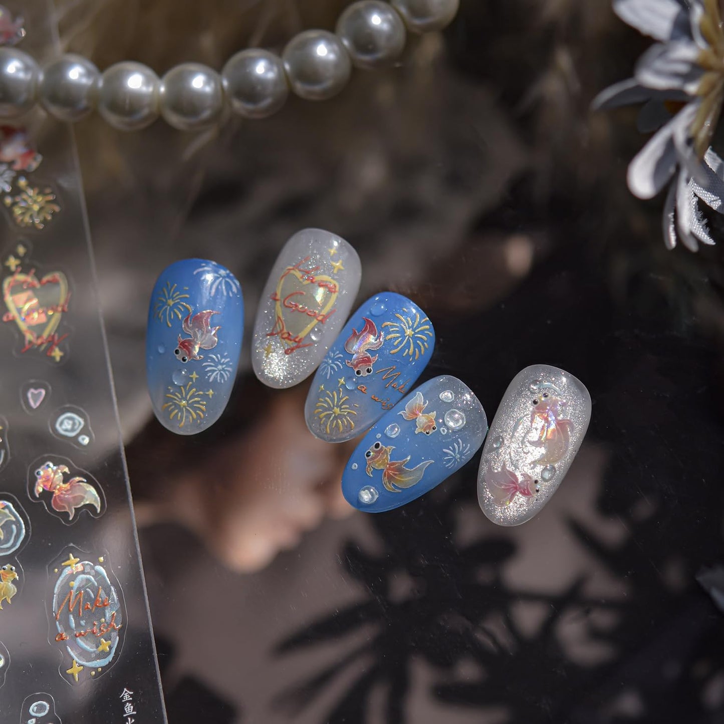 Goldfish Nail Art Stickers Sparkly Koi Fish Nail Stickers 5D Embossed Koi Lotus Leaf Chinese Style Manicure Decals Accessories Shell Light Goldfish Adhesive Slider for Women DIY Nail Art Decorations