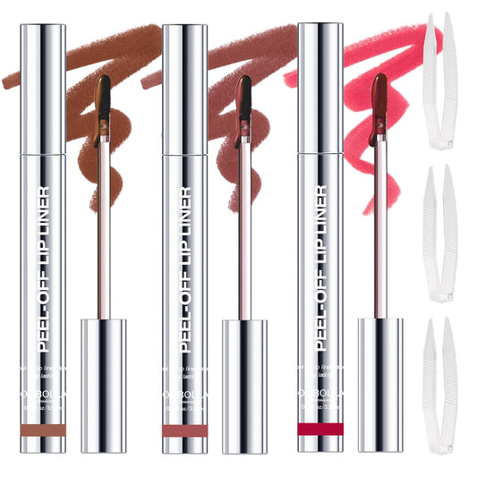 3 Colors Peel Off Lip Liner Stain Kit, Long Lasting Waterproof Lip Tint Stains Makeup Set with Matte Finish for Women, Natural Look, Easy to Use, for All Skin Types, Tweezer Include (#2,3,6)
