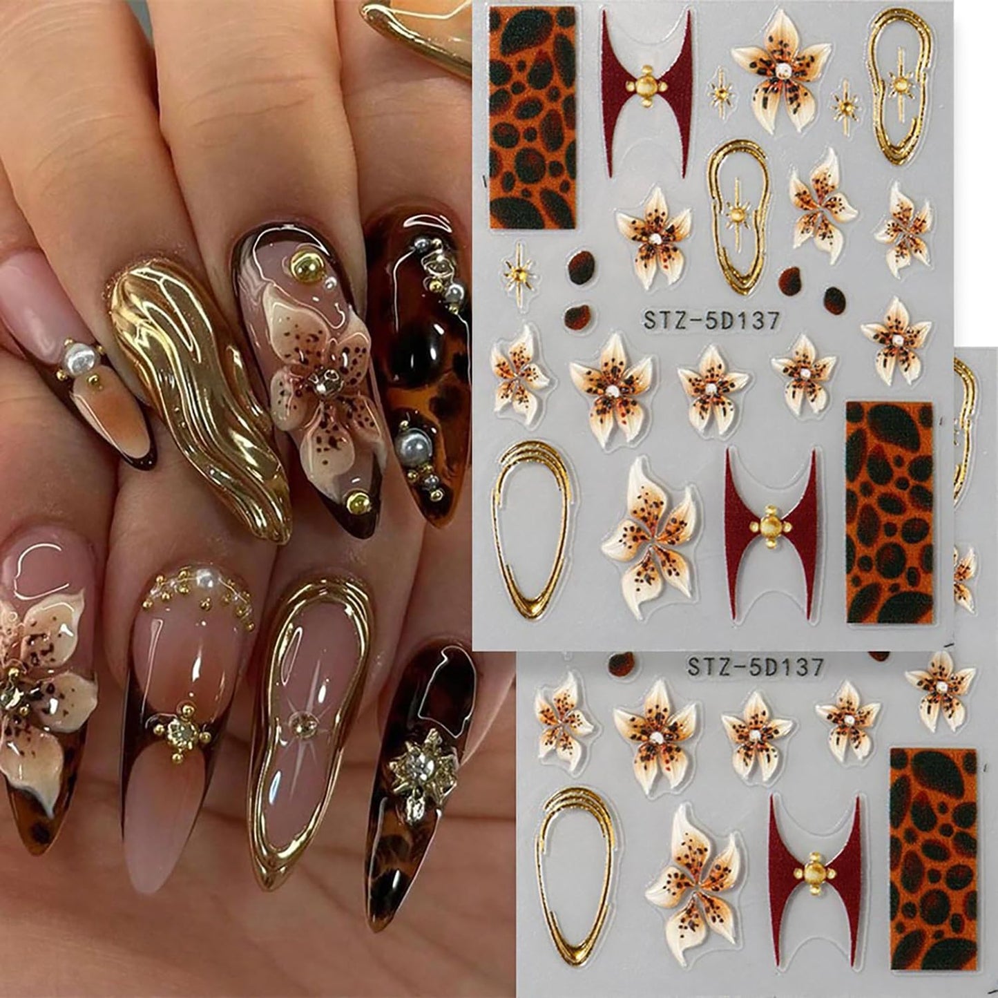 Fall Nail Stickers Leopard Flower Nail Decals Autumn Nail Art Supplies 5D Embossed Self Adhesive Leopard Print Floral Nail Design Supplies Brown Fall Stickers for Women DIY French Manicure Accessories