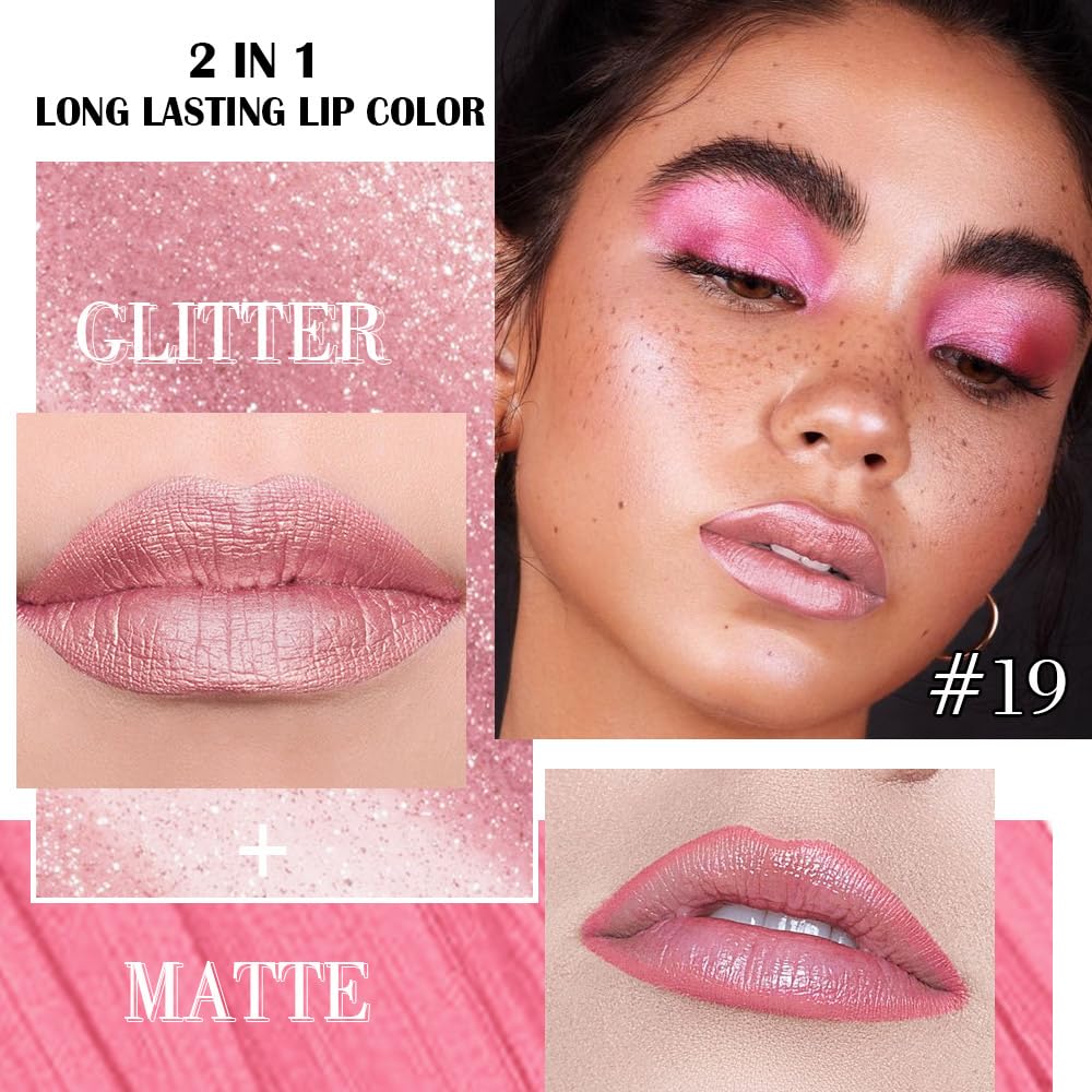 Kaely 2-in-1 Nude Pink Metallic Lipstick and Lip Liner, Shimmer Liquid Metallic Lipsticks for Women, Glitter Lip Gloss Stain Long Lasting Waterproof Smudge Proof 24 Hour, Vegan Makeup, 19