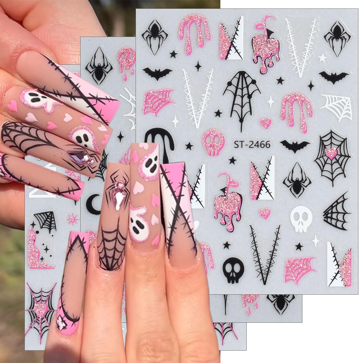 6 Sheets Halloween Nail Art Stickers Decals Pink Glitter Pumpkin Heart Bow Spider Nail Decals 3D Self-Adhesive Ghost Spider Web Skull Nails Stickers Cute Halloween Nails Art Supplies for Women Girls