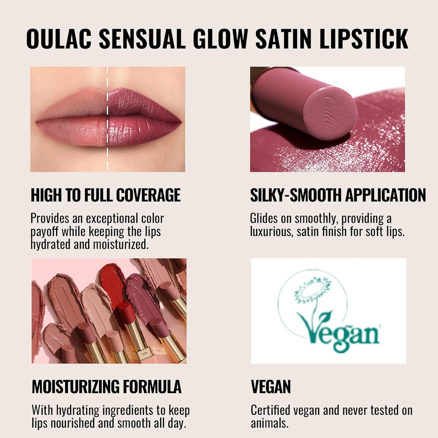 Oulac Pink Lipsticks for Women, Coral Nude Matte Lipstick, Full Coverage Lip Color, Satin Matte Finish, Cream Texture, Hydrating, Infused with Hyaluronic Acid, Vegan & Clean Beauty 4g SG06 Babe