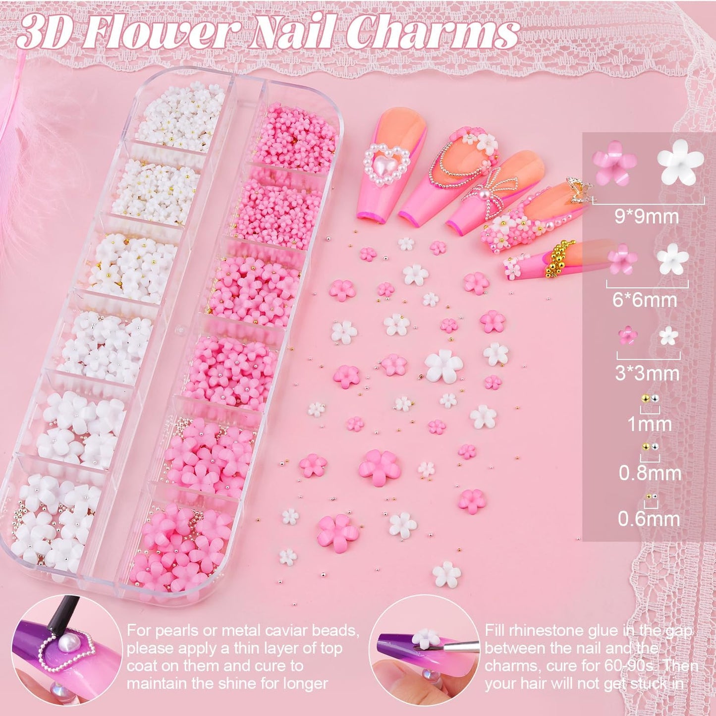 Flatback Pearls and 3D Flowers with Rhinestones Glue Gel for Nail Art, Pearl and Flower Nail Charms with Mini Round Caviar Beads