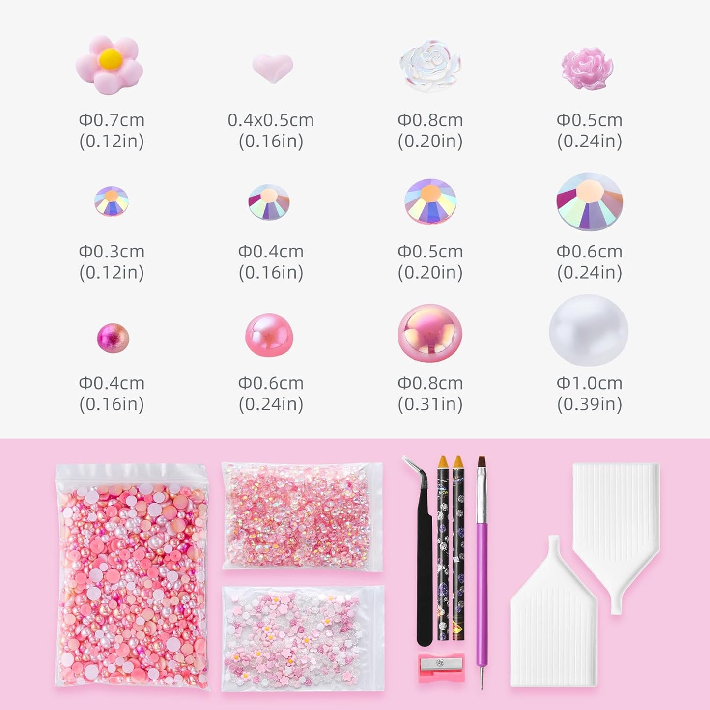 160g Pink Flat Back Pearls Rhinestones for Crafts Mixed Size 3mm-10mm AB Color Round Half Pearls Flatback Pearl Beads and Resin Rhinestones Set for Face Art