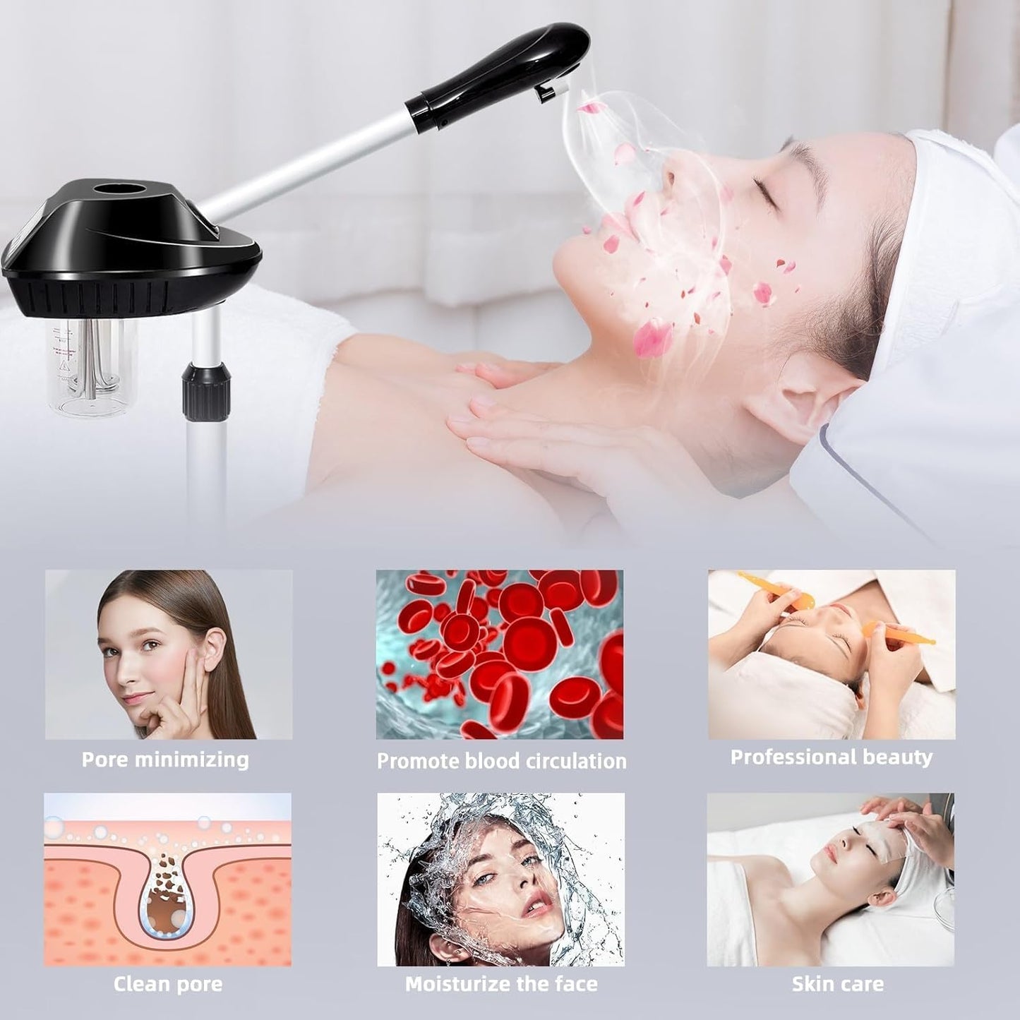 Professional Facial Steamer on Wheels, Facial Steamer for Facial Deep Cleaning, Facial Humidifier for Spa, Adjustable Height for Spa, Salon and at Home Use