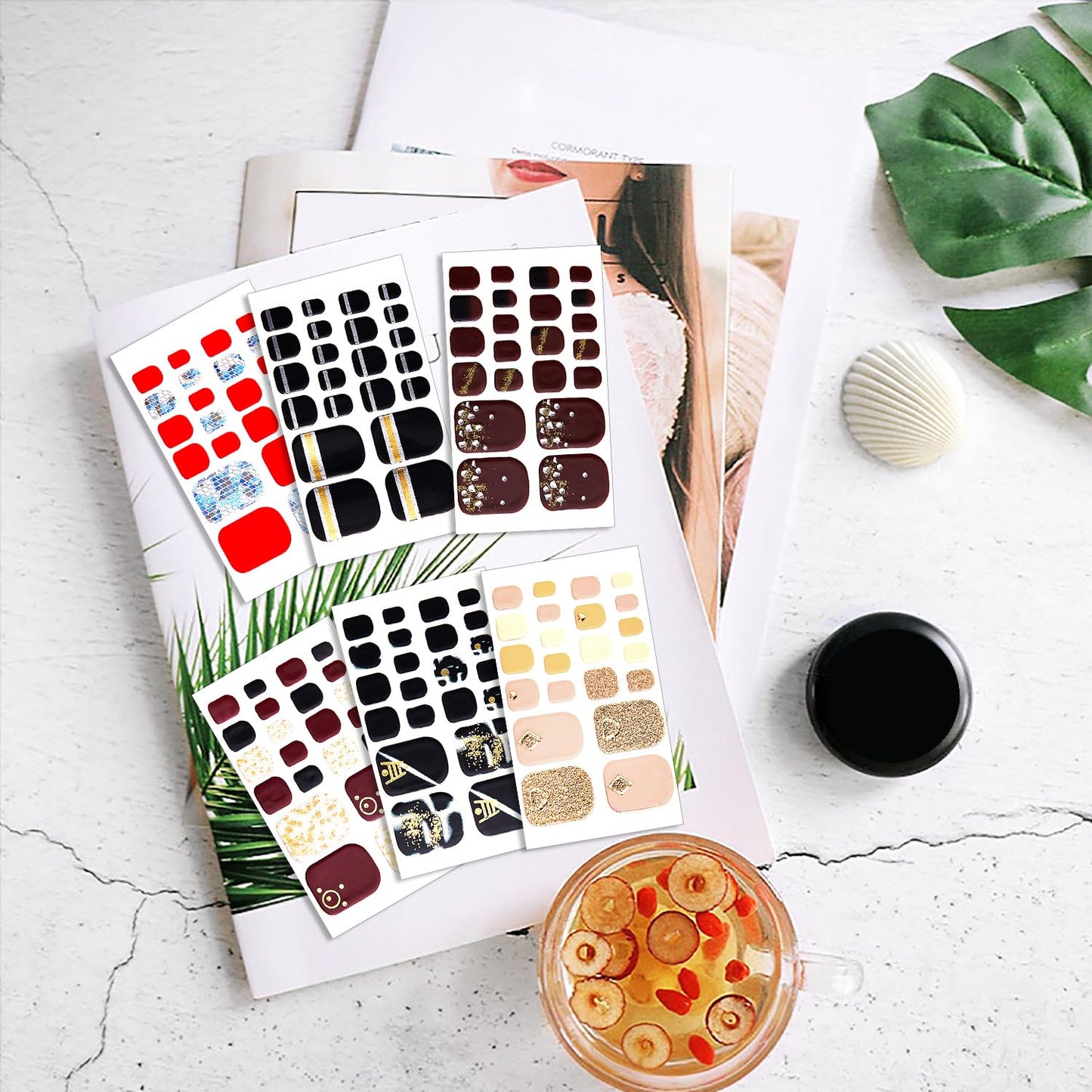 WOKOTO 20 Sheets 440 Pcs Toe Nail Polish Stickers for Toes Nail Full Wraps Glitter Nail Polish Strips Gel Nail Strips Wraps Mermaid Gel Strips for Women