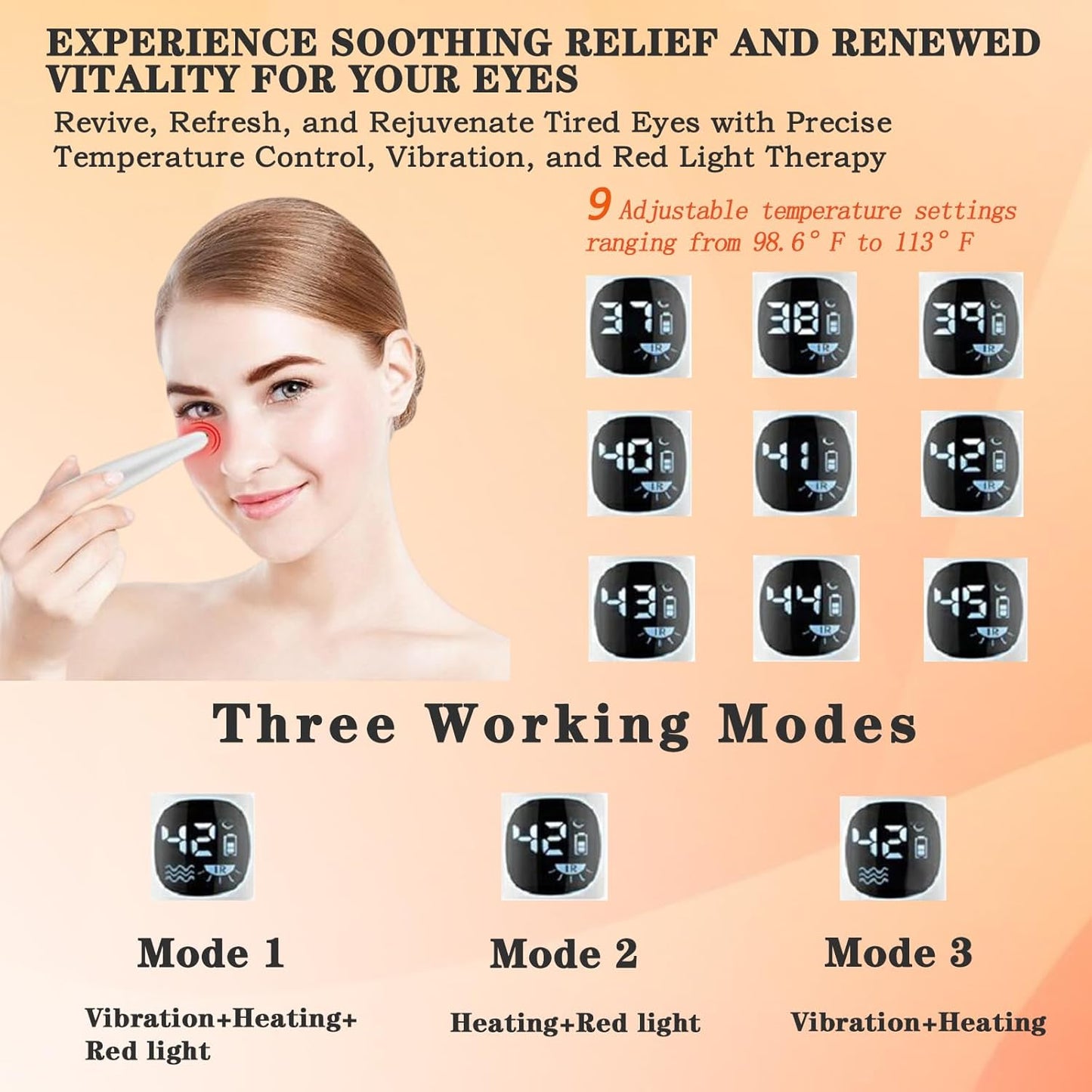 3 in 1 Eye Lift Wand, Vibrating 98°F to 113°F LCD Display Screen Massager for Dry Eyes, Dark Circles, Puffiness, Fine Lines and Wrinkles, Cream White