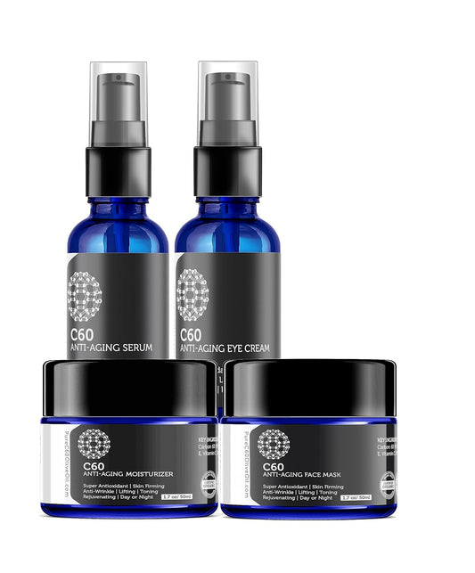 C60 Complete Skin Care Solution - Anti Aging Moisturizer, Mask, Eye Cream and Serum with Carbon 60 Superantioxidant - Brightening for Dark Spots, Even Skin Tone, Eye Area, Fine Lines & Wrinkles