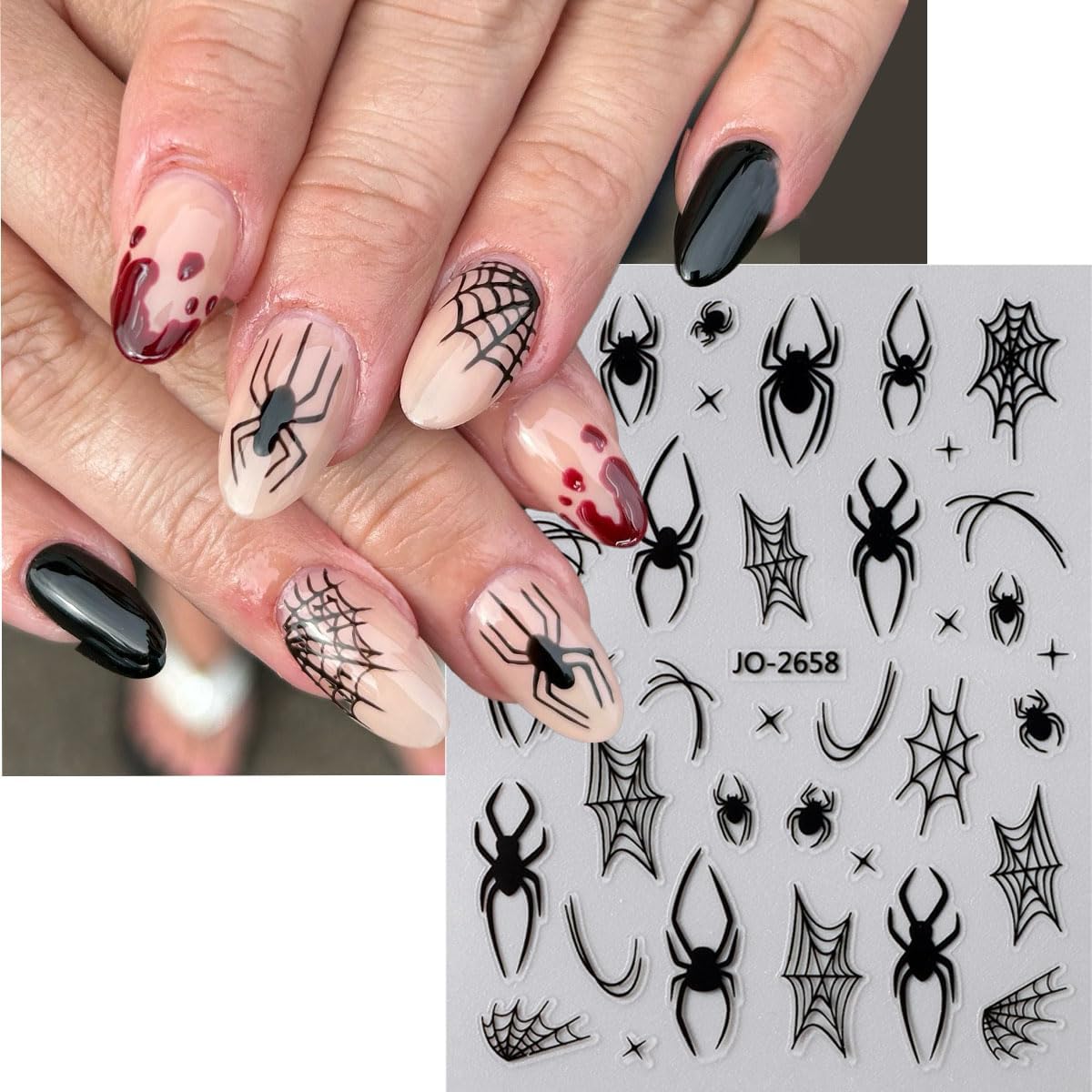 Spider Web Nail Stickers 3D Self Adhesive Nail Decals Halloween Nail Art Stickers Black Red Spider Star Design Cute Nail Sticker for Nail Art DIY Holiday Salon Manicure Accessories for Women 8Sheets