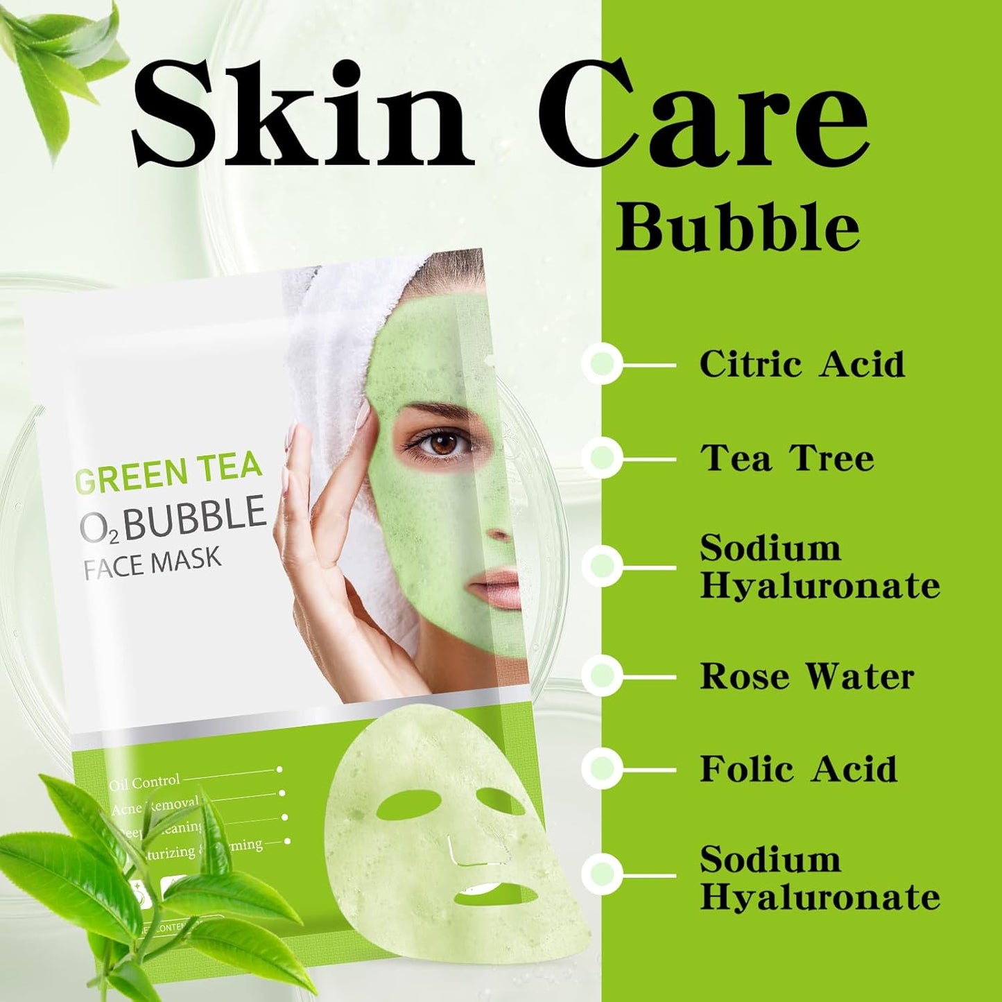 10 Pack Green Tea O2 Bubble Face Masks Sheet, Bubble Facial Mask, Foaming Face Mask, Purifying Facial Mask for Acne and Pores, Moisturizing Spa Face Masks Skincare, Brightening Beauty Masks
