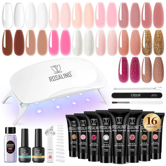 ROSALIND Poly Nail Gel Kit -16 Colors + Nude Glitter Nail Art Accessories kit Clear Nude Poly Nails Gel Kit Starter Kit With Slip Solution Nude Pink Nail Extensions Gel Set with Mini UV Lamp