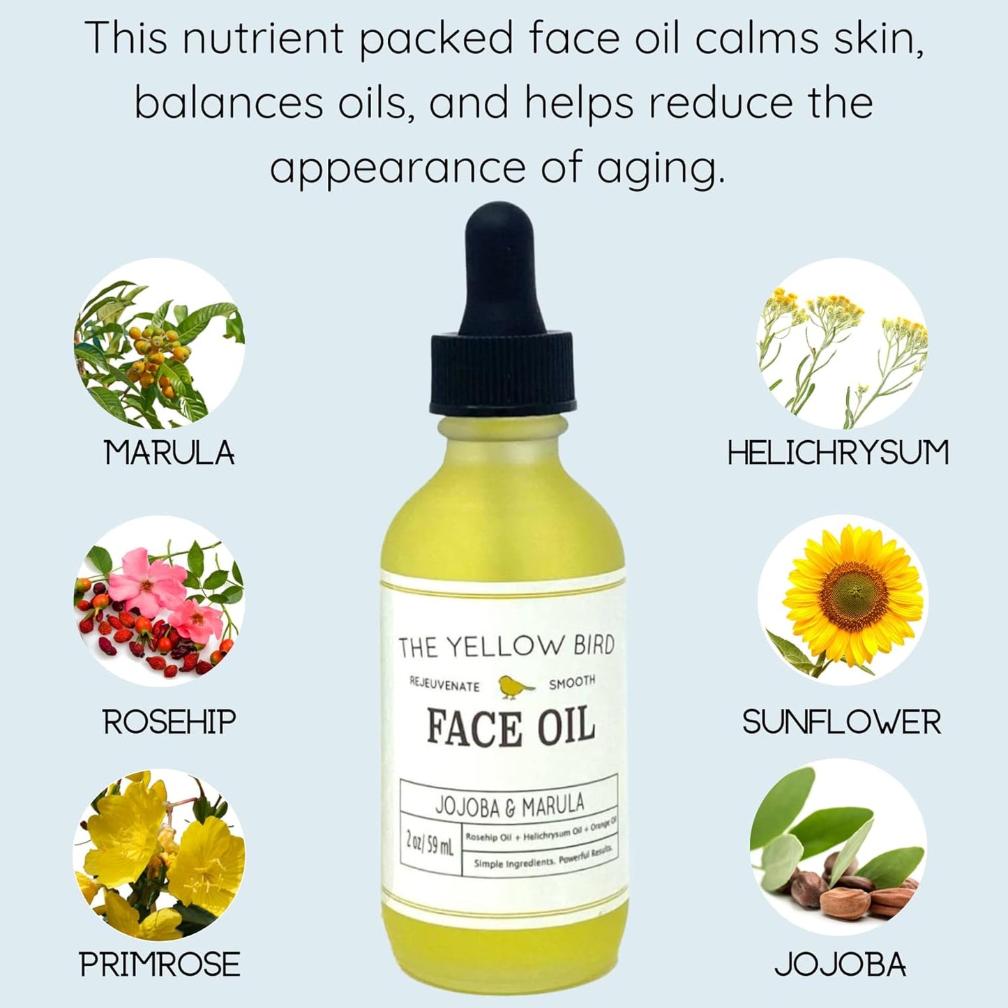 Yellow Bird Nourishing Face Oil - All Natural Hydrating, Anti Aging Facial Serum. Includes Jojoba, Marula, Primrose, & Rosehip for Restoring Skin