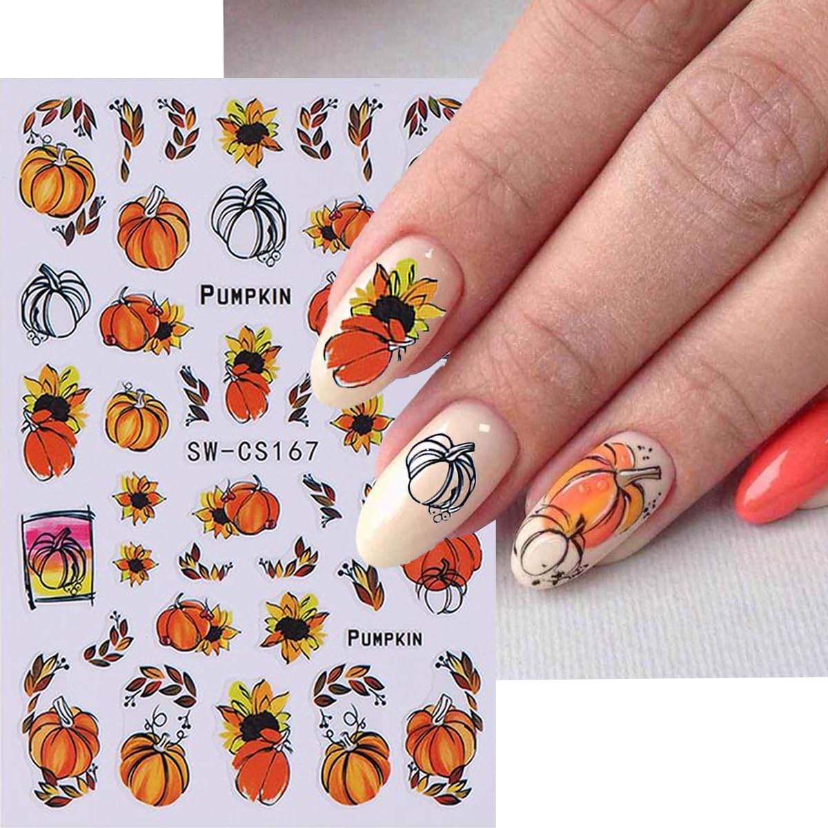 Pumpkin Nail Stickers Fall Nail Decals 3D Self Adhesive Nail Art Stickers Orange Flower Fallen Leaves Sunflower Star Design Thanksgiving Sticker for Nails Decor Manicure Supplies for Women 8 Sheet