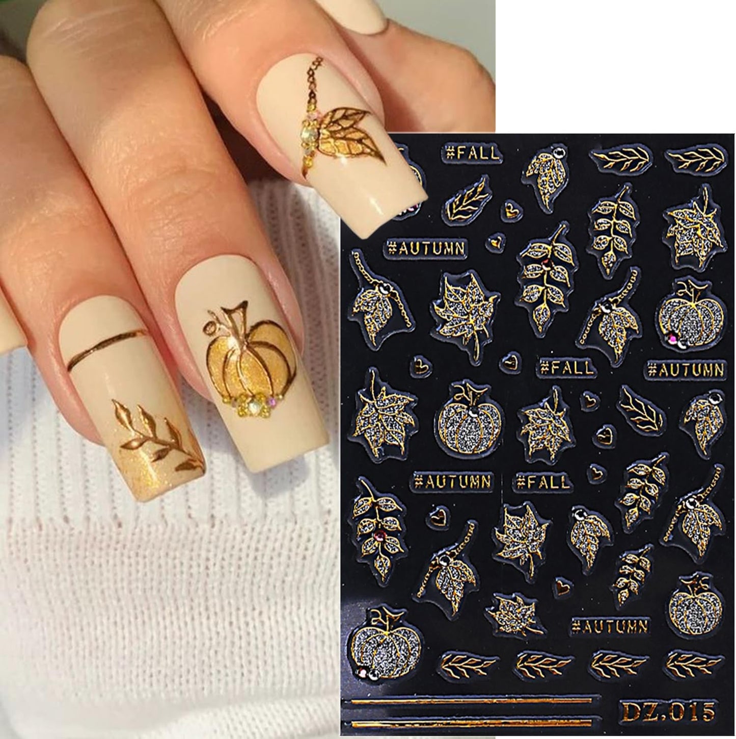 2 Sheets Fall Nail Stickers for Nail Art Glitter Gold Leaf Nail Art Stickers Embossed Autumn Pumpkin Nail Decals 5D Self-Adhesive Diamond Nail Design Sticker for Women Thanksgiving Nails Decoration