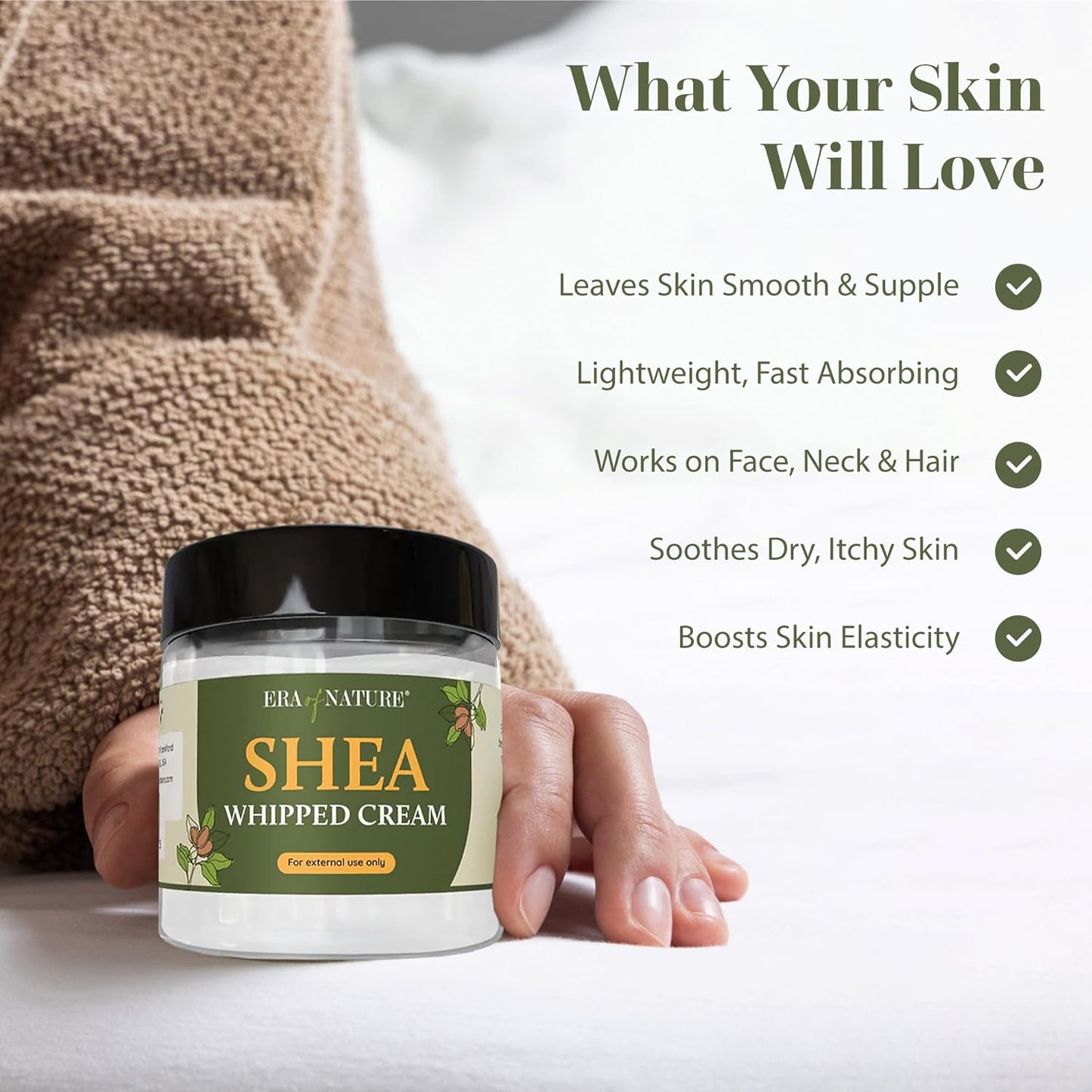 era of nature Shea Butter Whipped Body Cream for Women 8oz - Lightweight Whipped Lotion - Non-Greasy Body Butter Cream Lotion & Balm Moisturizer for Face, Hair & Dry Skin, Vegan Skincare