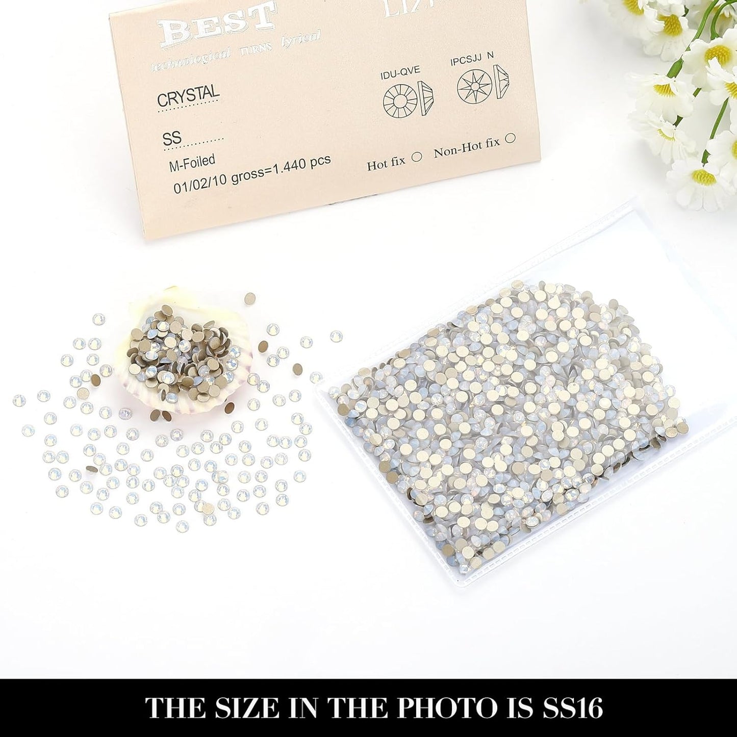 Novani White Opal Rhinestones 1440pcs Flat Back Round Rhinestone Style 2088 Sparkly Crystal Gemstones for Nail Art and Crafting SS16,3.8-4.0mm