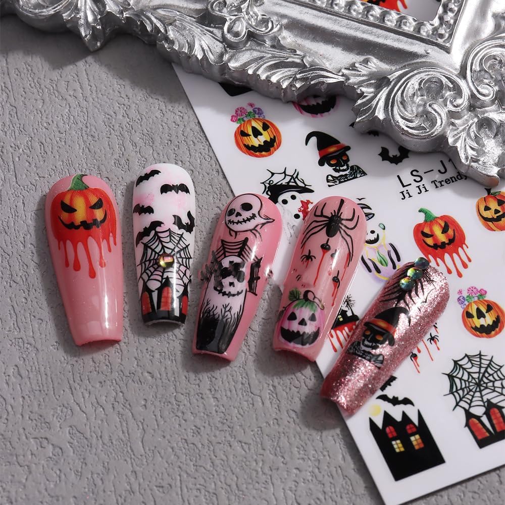 Halloween Nails Stickers Horrible Pumpkins Nails Sticker 3D Embossed Horrible Ghost Self Adhesive Sticker Nail Decals Web Bat Nail Art Decal Halloween Decals for Nail DIY Manicure 4Sheet