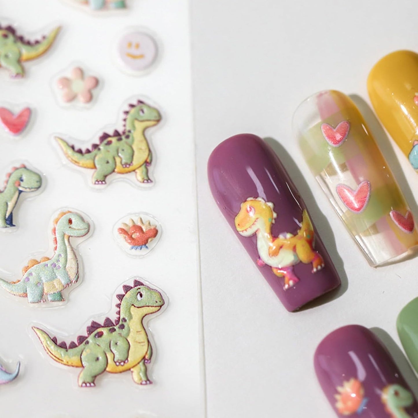 Dedyel Cute Nail Stickers 5D Embossed Cartoon Dinosaur Kawaii Animal Self-Adhesive Nail Decals for Women Girls Kids Nail Art Decoration