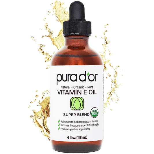 PURA D'OR 4 Oz ORGANIC Vitamin E Oil Blend - 100% Natural Hexane Free, Sweet Almond, Apricot, Jojoba, Argan, Rosehip, Sunflower & Avocado Bath Oil For Scars, Skin, Face & Full Body