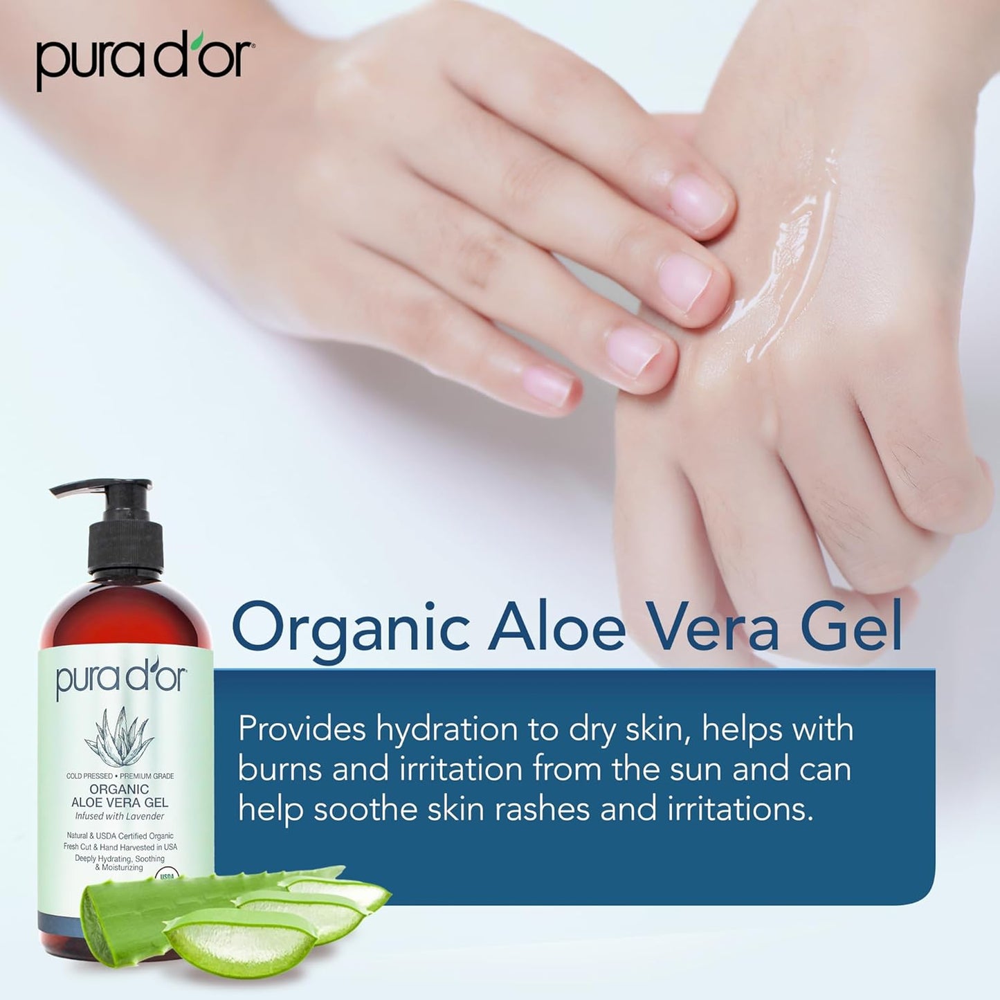 PURA D'OR 16 Oz ORGANIC Aloe Vera Gel - Lavender - All Natural - ZERO Artificial Preservatives - Deeply Hydrating & Moisturizing - Sunburn, Bug Bites, Rashes, Small Cuts, Eczema Relief - Skin & Hair