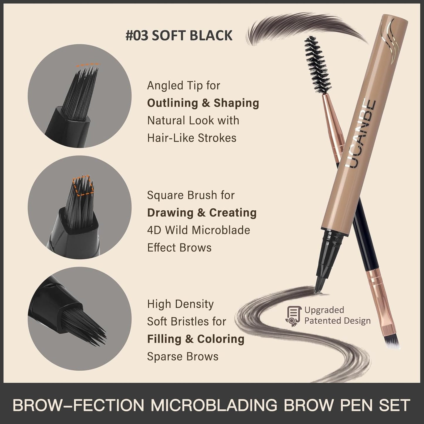 UCANBE Brow-Fection Angled Brush Eyebrow Pen, Liquid Microblading Eyebrow Pencils for Women, Wild Natural Brow Pen for Realistic Hair-Like Brows, Easy to Color, Waterproof, Lasts All Day, Soft Black