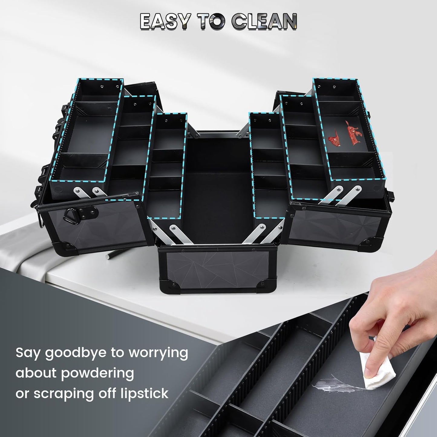 FRENESSA Makeup Case Extra Large Makeup Train Case 12.6 Inch Makeup Box Organizer Profressional Make Up Cases Storage Cosmetic Artist Travel Case with Divider Shoulder Strap Hard Vanity Dark Black