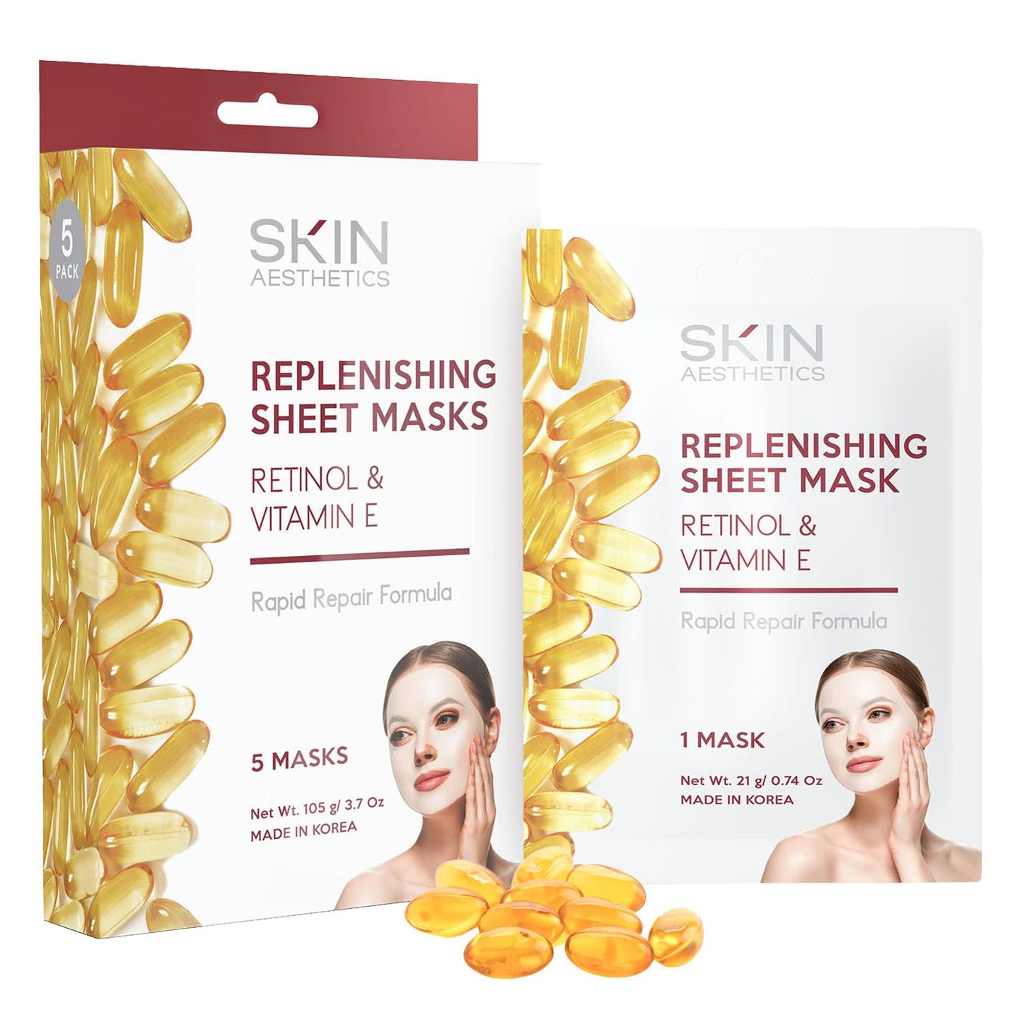 Retinol & Vitamin E Sheet Face Mask - Repairs Skin, Diminishes Fine Lines & Wrinkles, Anti-Aging - Dermatologist Tested Korean Skincare - Clean Beauty, Cruelty-Free - 5 Masks