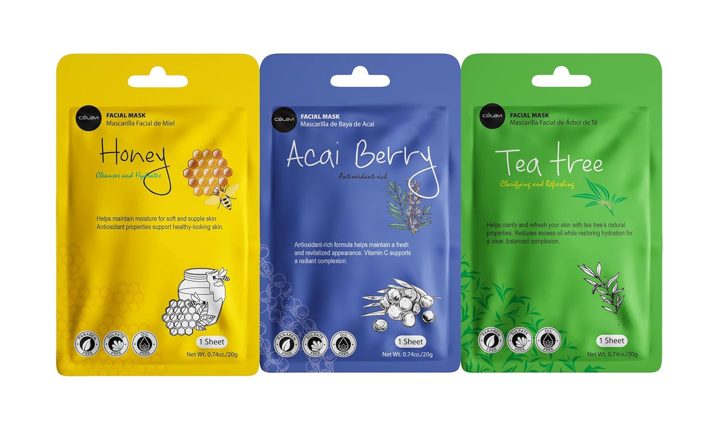 Celavi Essence Facial Sheet Face Mask Variety Set Classic Authentic Korean Moisturizing Skincare (48 Count (Pack of 1))