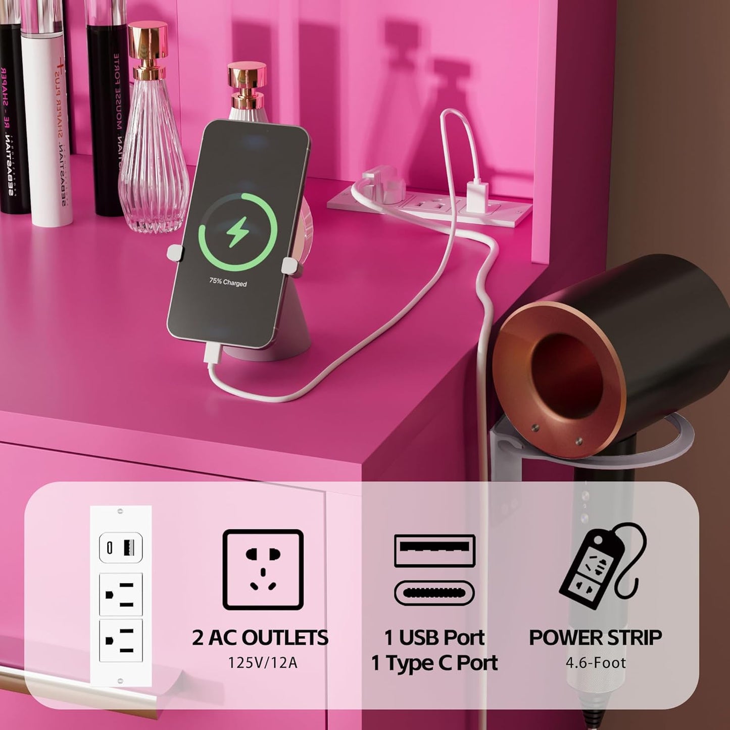 Furmax Vanity Desk with Mirror, LED Lights and Power Outlet Makeup Vanity Table with 7 Drawers and 6 Storage Shelves Dressing Table for Bedroom Dressing Room (Rose Pink)