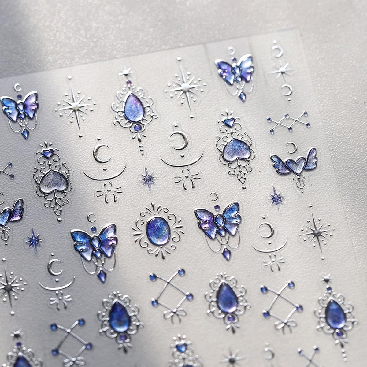 Blue Nail Art Sticker Decals Jelly Nail Stickers 5D Embossed Self Adhesive with Line Design Star Moon Nails Decals Nails Charms for Women Girls Kid Manicure Supply DIY Decoration Accessories