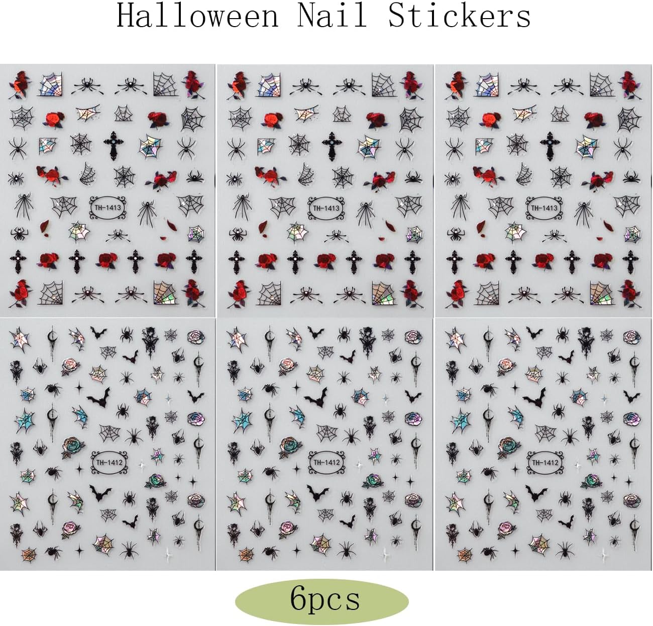 6 Sheets Halloween Nail Stickers Decals, 3D Spider Nail Sticker Decoration Self-Adhesive Colorful Red Rose Flowers Spider Web for Nails Stickers DIY Manicure Art Halloween Decoration