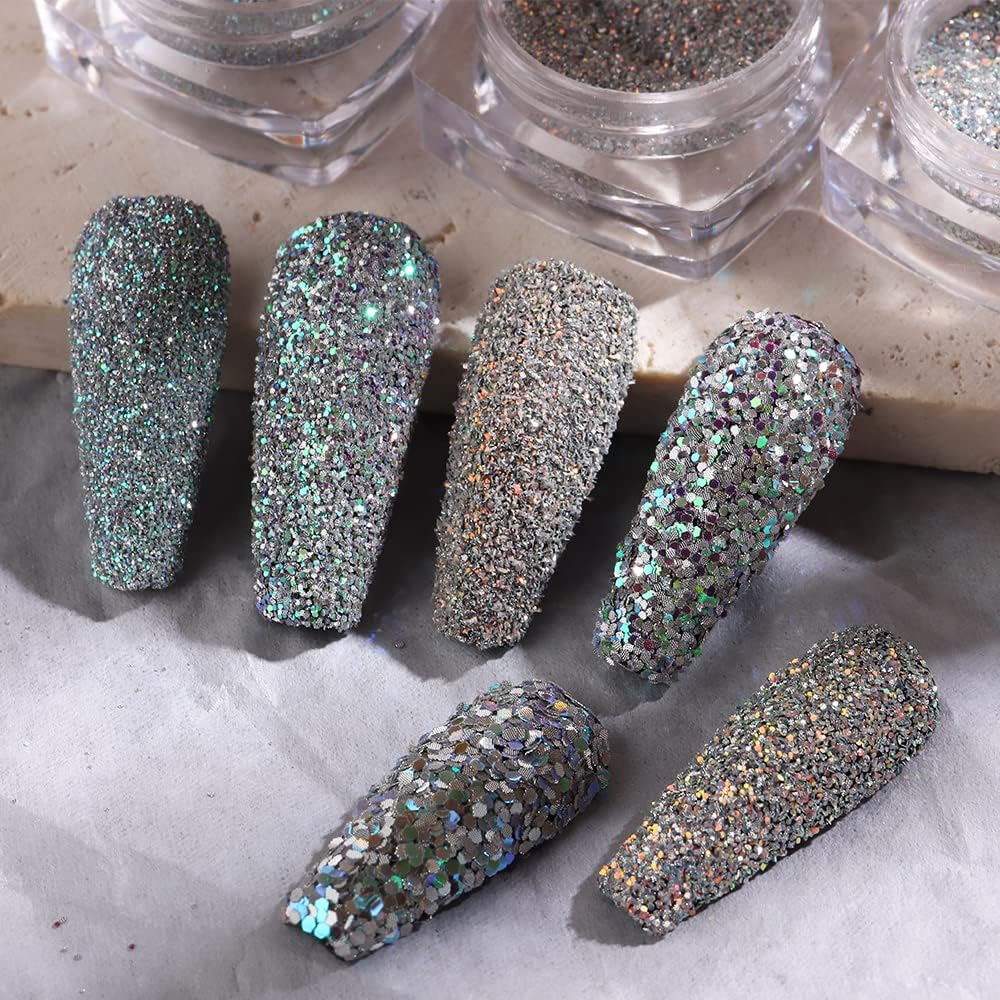 Reflective Nail Powder - 6 Boxes Sparkling Diamond Glitter for Nails, Iridescent Sequins, Holographic Super Bright Pigment Dust, Nail Art Decor