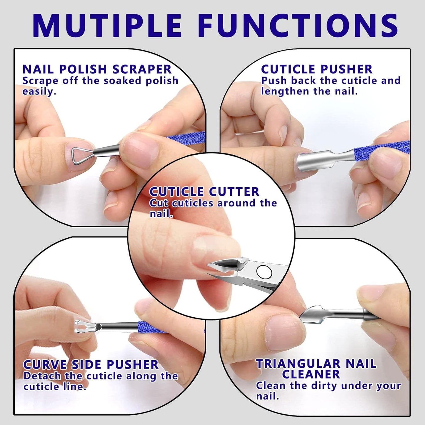 Cuticle Trimmer Cuticle Remover with Cuticle Pusher, XUNXMAS Professional Stainless Steel Durable Pedicure Manicure Tools Cutter Nipper Scissor Clipper for Fingernails and Toenails Dead Skin Blue