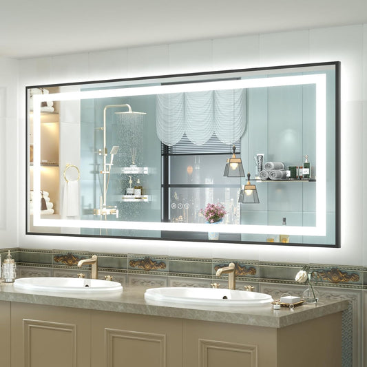 OKPAL 60x28 LED Bathroom Mirror, Black Framed Lighted Bathroom Mirror, Lighted Vanity Mirror with Lights, Dimmable, Anti-Fog, 3 Colors, Memory, Shatterproof, ETL Listed (Front and Backlit)