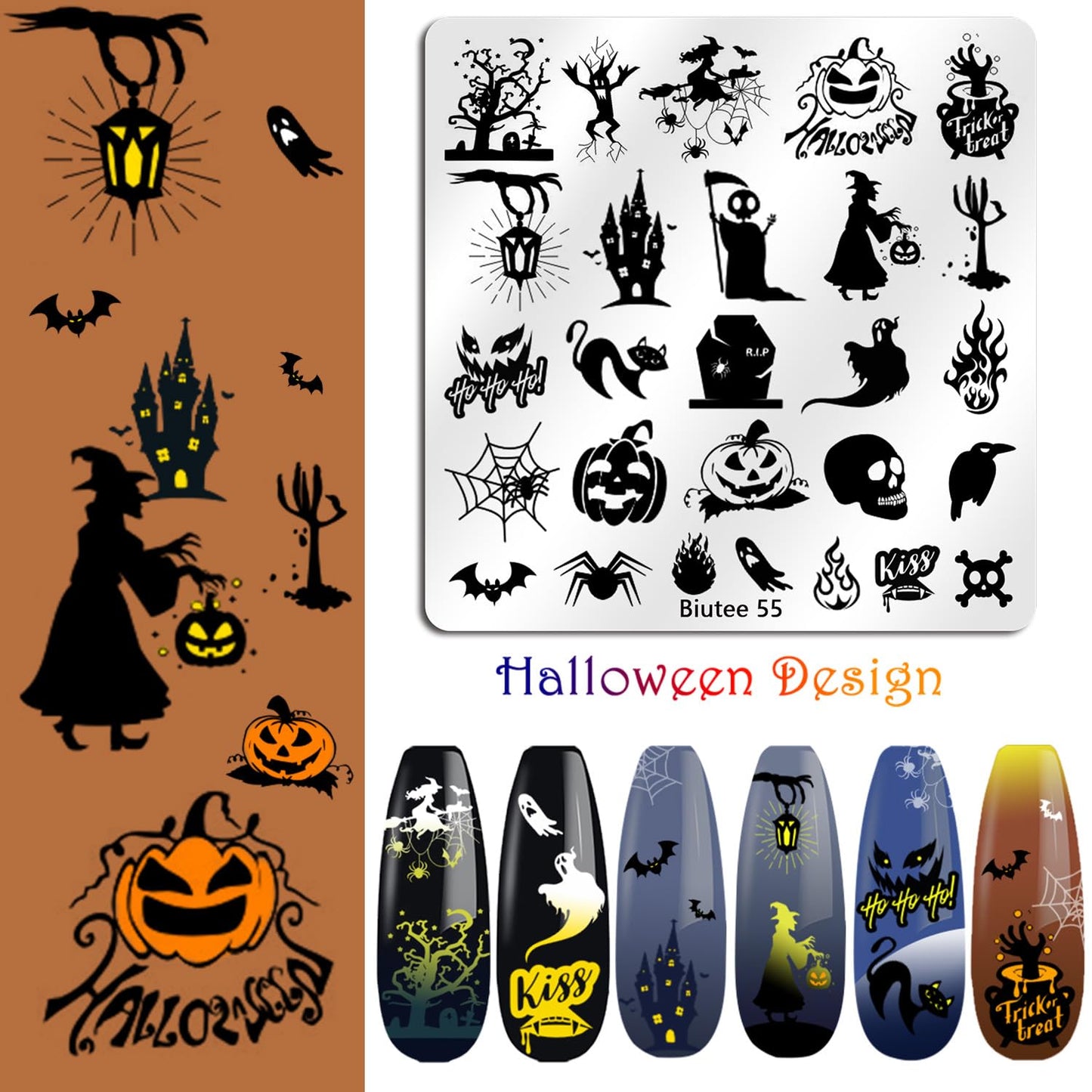 Biutee Nail Stamper Kit 15pcs Nail Art Stamp Plate 8pcs Stamp Gel Polish 1pcs Nail Stamper Scraper Set with Storage Bag, Nail Stamp Template Kit Flower Lace Animal Star Halloween Christmas Design