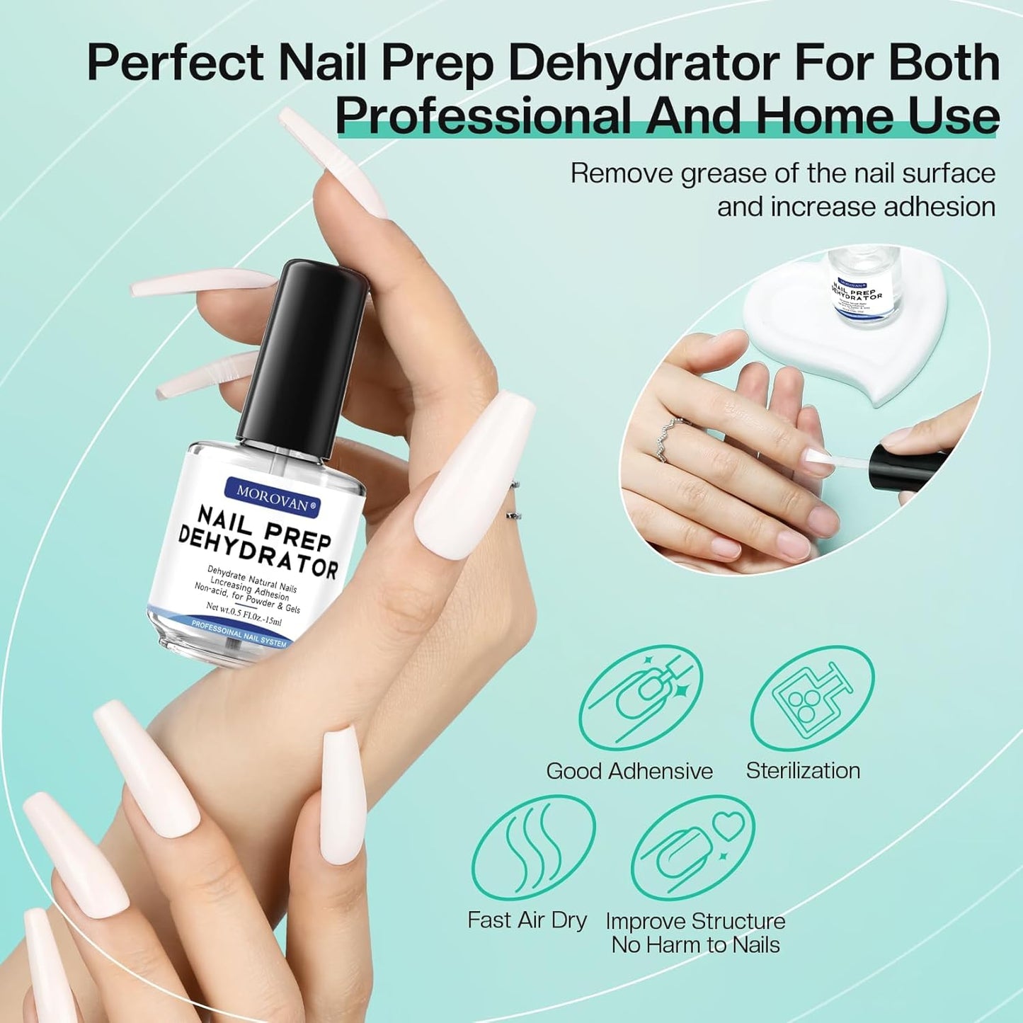 Morovan Acid Free Professional Nail Dehydrator Prep for UV Gel Polish Acrylic Nails Fast Dry Natural Nail Primer Base Varnish Manicure Bonder 0.5 oz